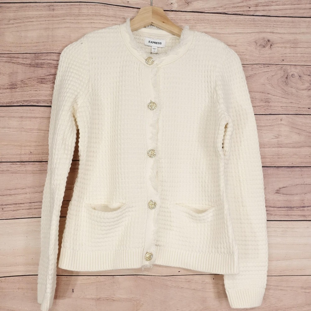 New! Express Sweater Womens S White Waffle-Knit Cardigan Pockets‎ Fringe